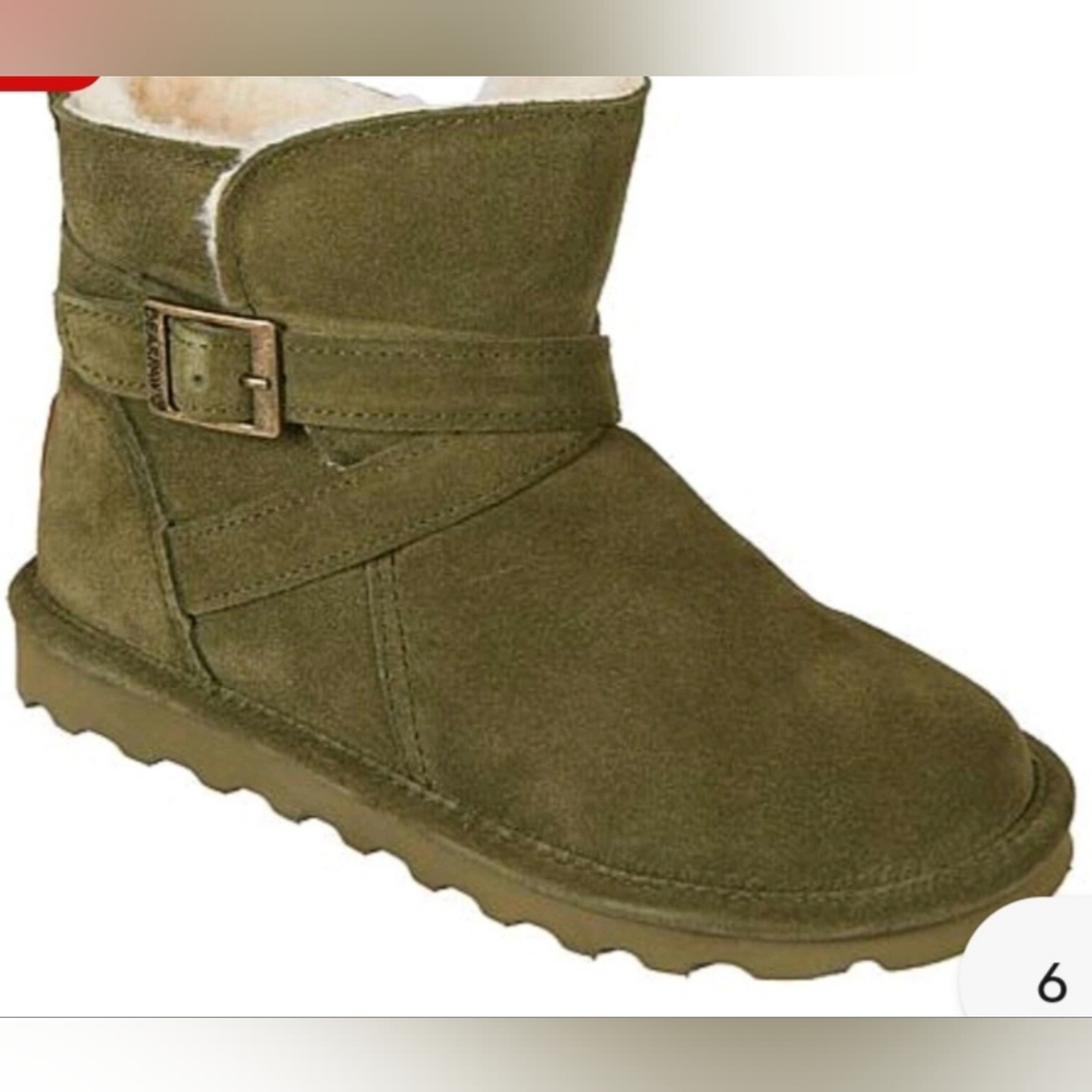 New Size 10M BEARPAW Boots  EMERSYN Olive Green Suede NeverWet Shearling